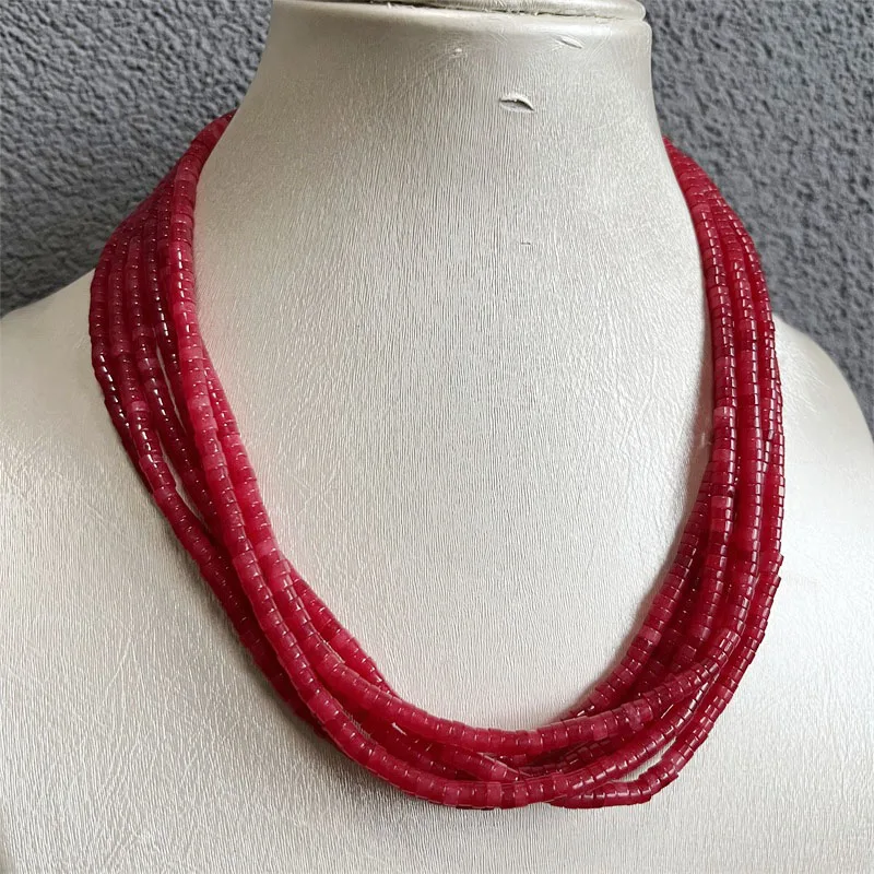 2*4MM Heishi Deep Red Ruby Jade Natural Stone Necklace 1/3/6Strands Adjustable Multilayer Bead Chain Choker for Prom Gift