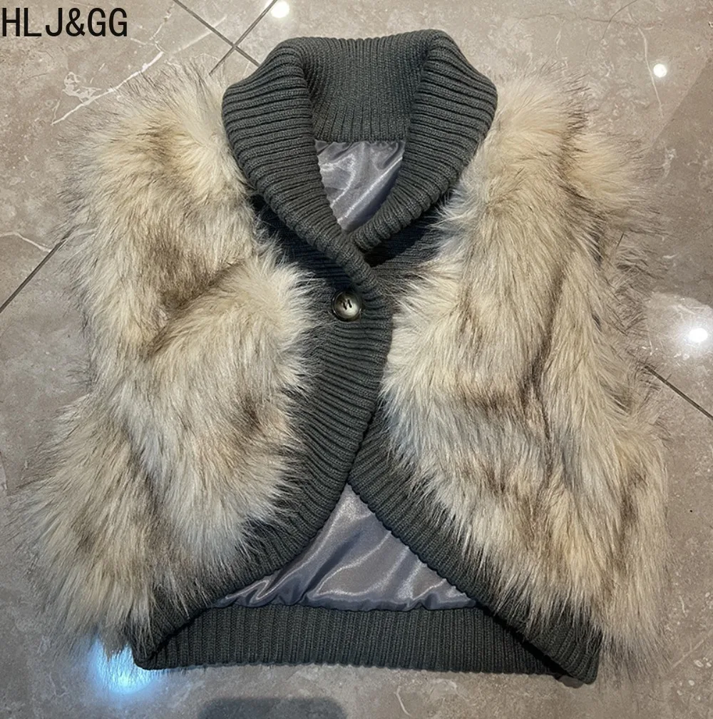 HLJ hiver nouvelle mode fourrure Patchwork manteau gilet femmes tricot couleur unie sans manches vestes courte femme Y2k Streetwear 2025