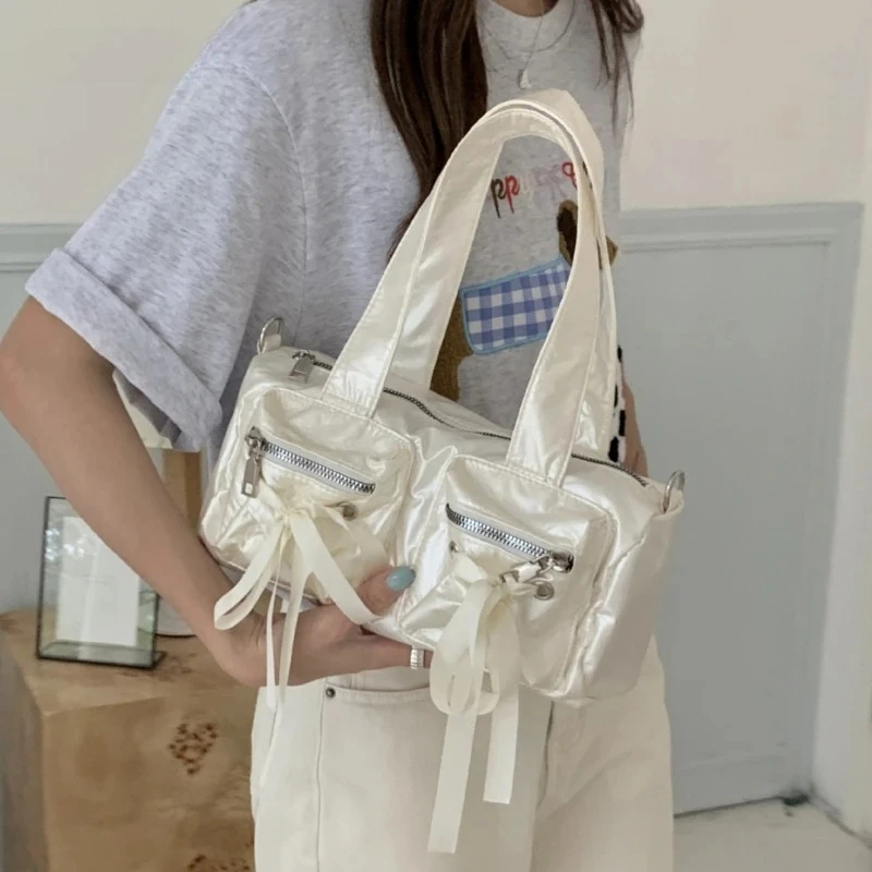 double-pockets-bow-design-nylon-women-handbags-and-purses-2024-y2k-female-underarm-bags-korean-fashion-lady-shoulder-bags