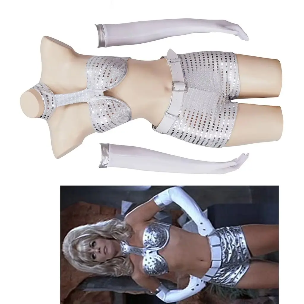 

Austin Powers Fembot Cosplay Bikinis Set Sexy Women Silver Color Sequin Halter Neck Bra Shorts Suit Party Club Stage Show Outfit