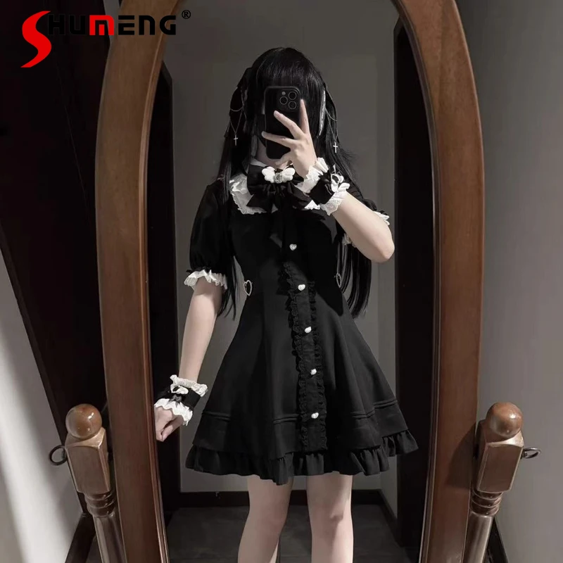 

Japanese Style Mass-Produced Lace Patchwork Short Sleeve Dress Angel Japanese Dark Style Rojita Slimming Single-Breasted Dresses
