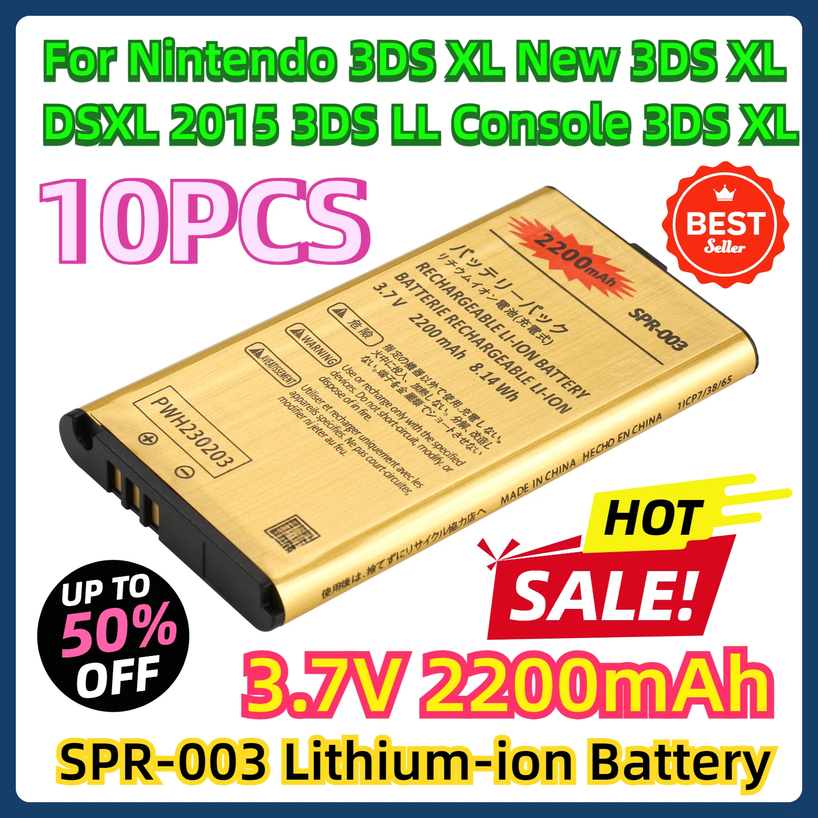 10pcs For Nintendo 3DS XL, New XL, DSXL 2015 LL Console XL Battery 2200mAh SPR-003 Lithium-ion Battery