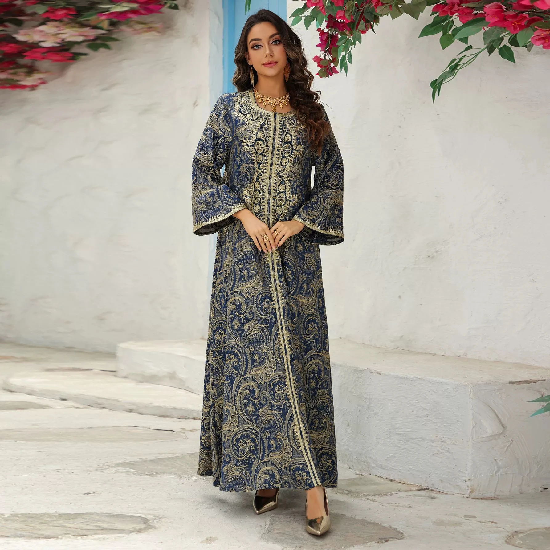 Vestido de noche de Ramadán de Oriente Medio, vestido bordado de Jacquard, caftán de moda con cuentas para uñas, bata islámica musulmana árabe