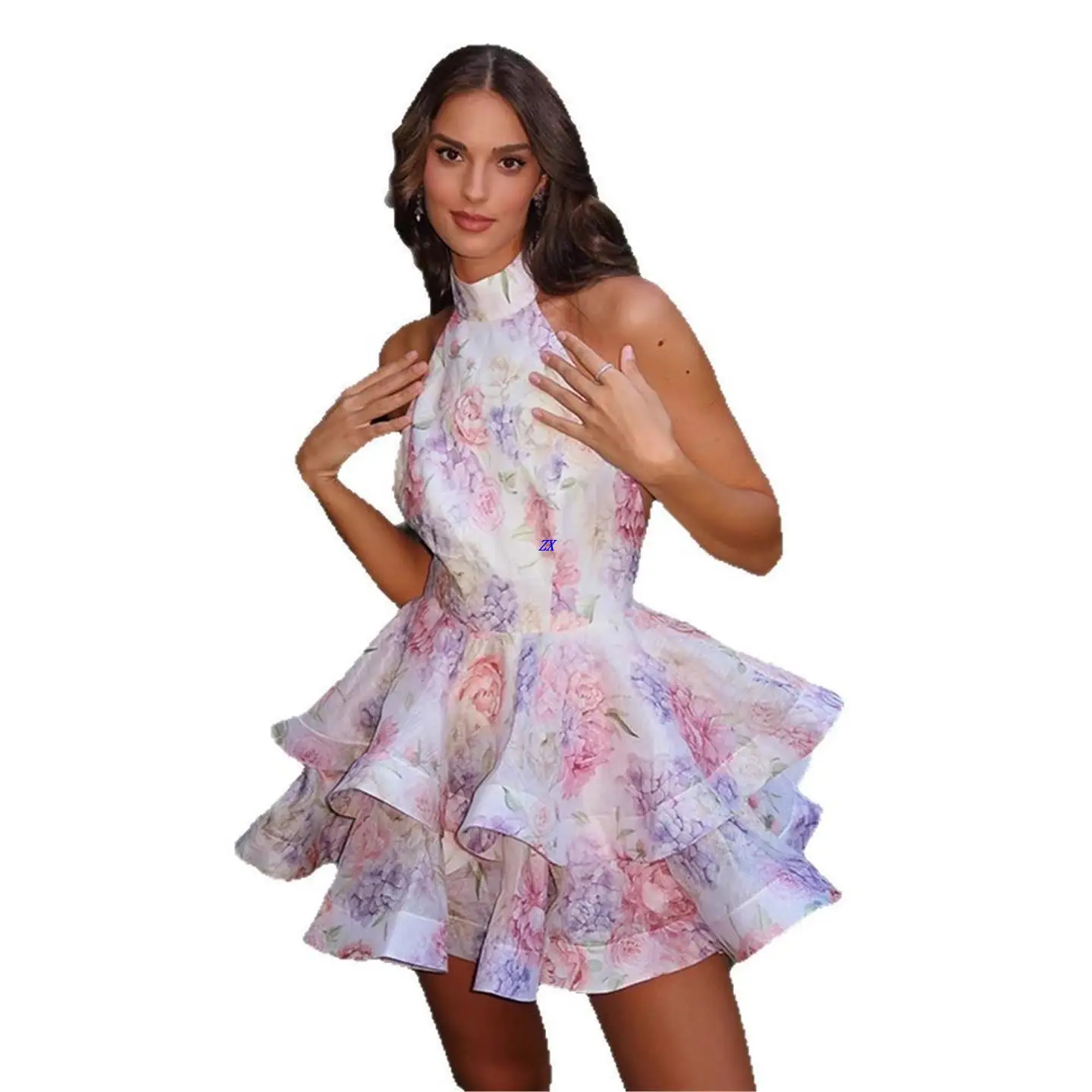 여름 달콤한 스타일 프린트 케이크 스커트 여성 드레스 홀터넥 백리스 통기성 신선한 패션 미드 웨이스트 민소매 중국산