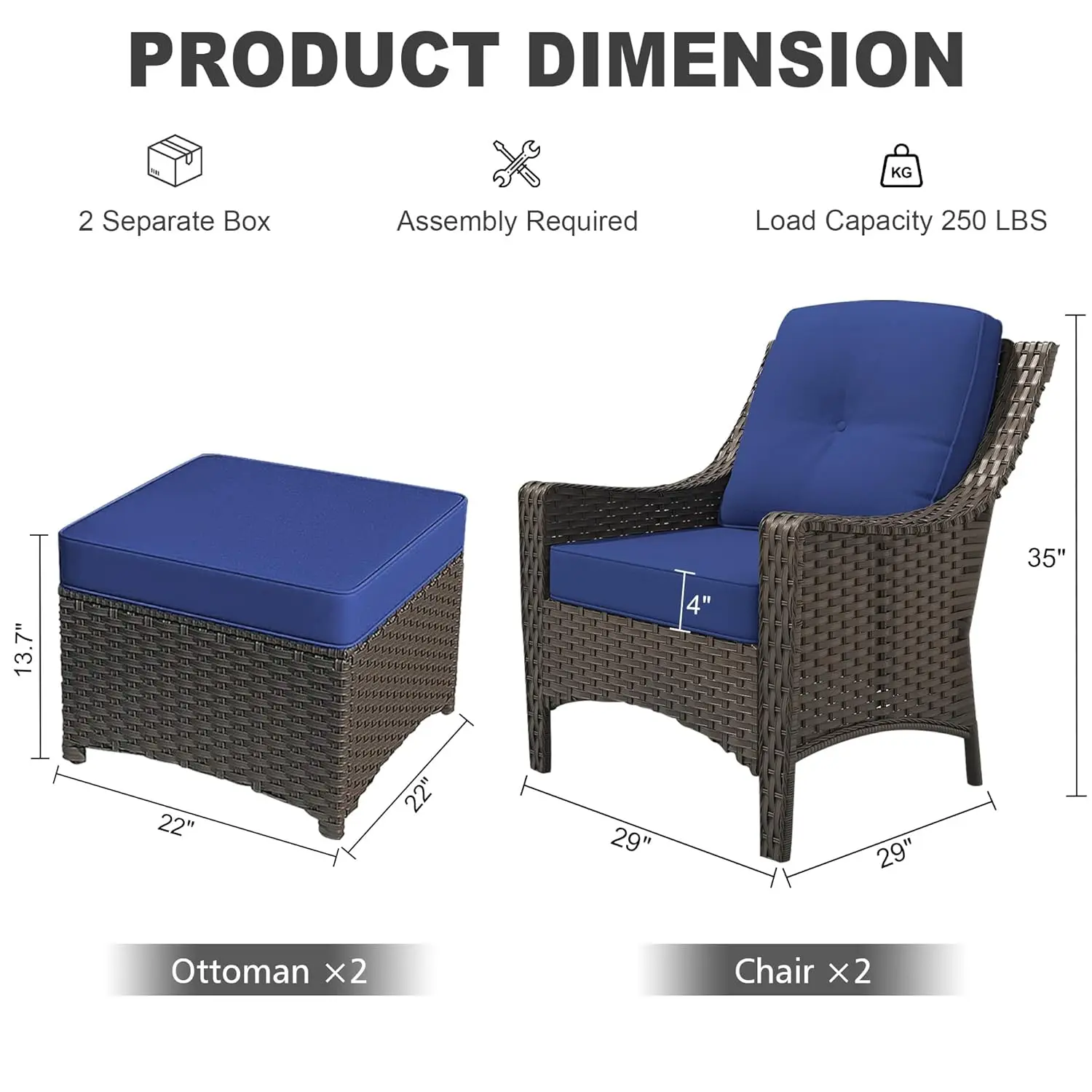 4 Piece All Weather PE Wicker Patio Furniture Set High Back Rattan Chairs and Ottomans Waterproof Cushion Customized for Porch B