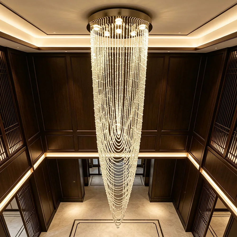 Modern Tapered Multi Layer Crystal Strand Pendant Light Long Vertical Ceiling Chandelier Loft Hall Hotel Entrance Decor Lamp