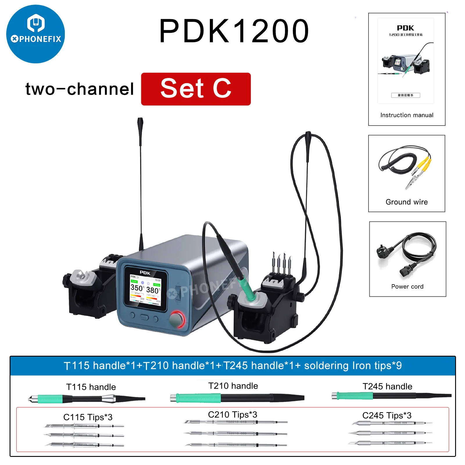 i2C PDK1200 300W Stazione di saldatura doppia intelligente Supporto T115 T210 T245 Punte della maniglia di saldatura per riparazione di saldatura IC