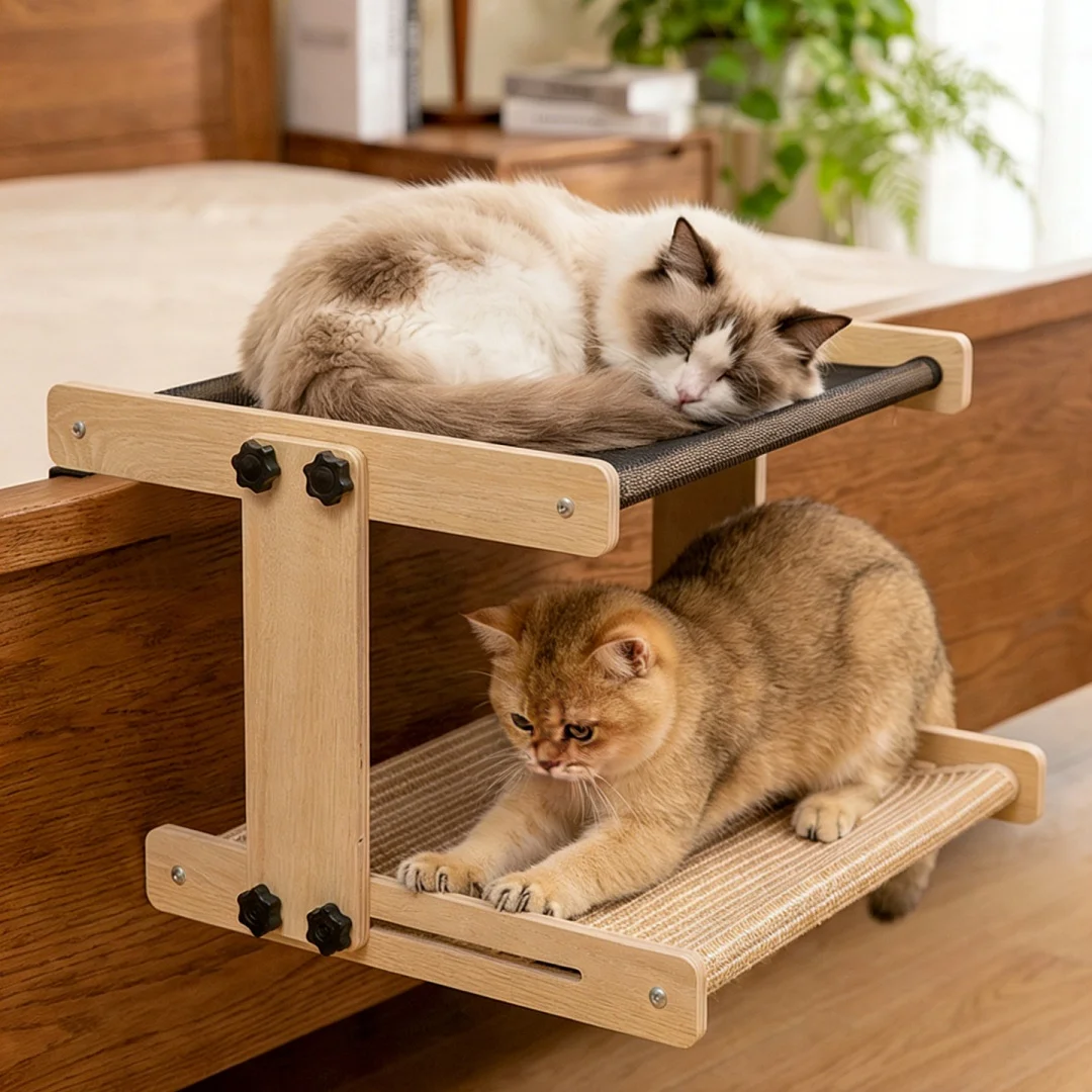 Cat Window Bed Floating Wooden Pet Furniture Window Canvas Bed for Home Hammock Bedroom Balcony Study Bedside