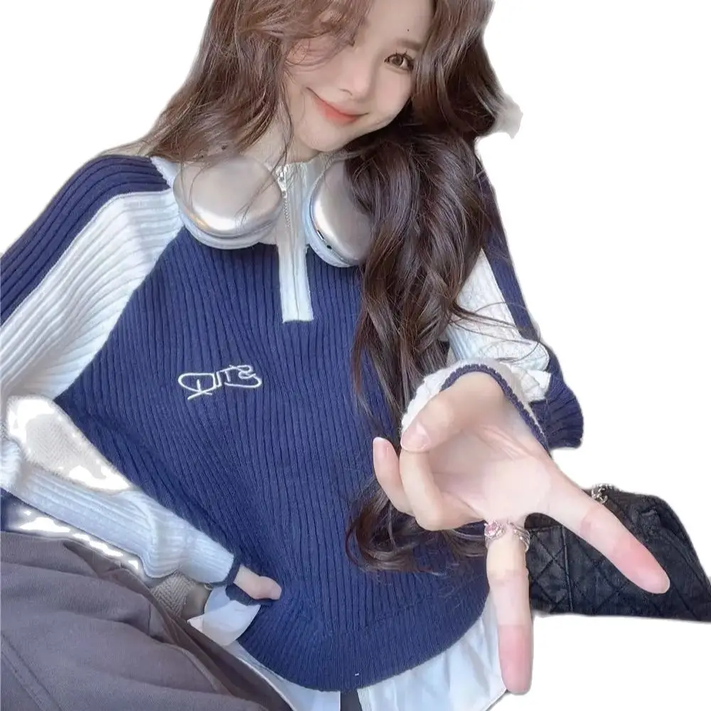 Half-Neck Fake Two-Piece Knitted Bottoming Shirt Women Spring Long Sleeve Crop Tops Korean Letters Zipper Fashion High Street