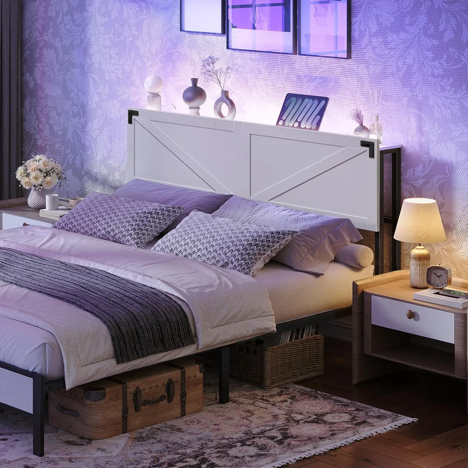 

Queen Size Headboard Only, Headboard With 2 Outlets And 4 Usb Ports, Farmhouse Headboard, With Led Lights, Secure Storage With