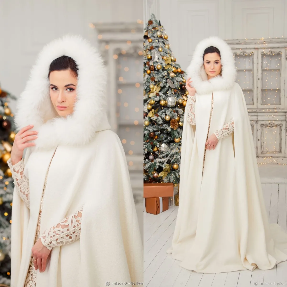 Winter Warm White Hooded Bridal Capes with Fur Exquisite Wedding Cloak Women Long Bride Bolero Front Split Wedding Wrap Jacket