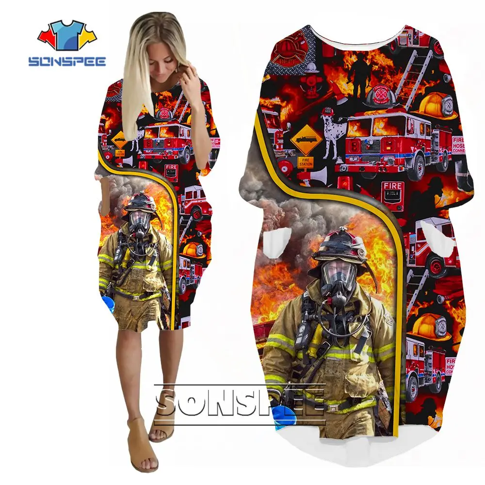 

SONSPEE Firefighter Fireman 3D Print Women's Dress Cool Amazing Designs Long Sleeve Pocket Skirt Loose Streetwear Skirt Suits