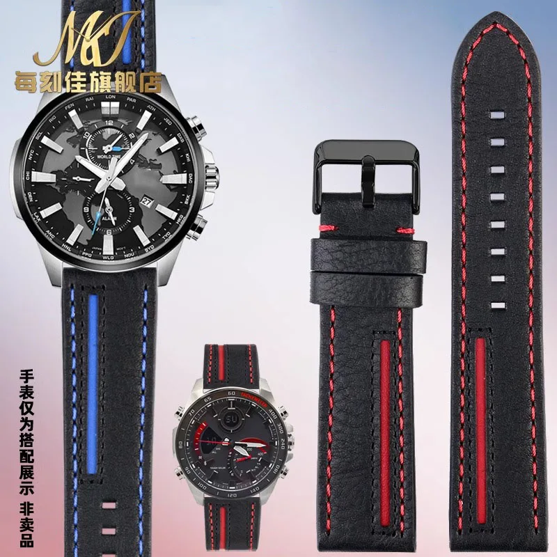 

Italian cowhide watch strap For CASIO EDIFICE EFR-303L ECB-900YDB EQB-800 22mm soft black blue red yellow lines men's watchband