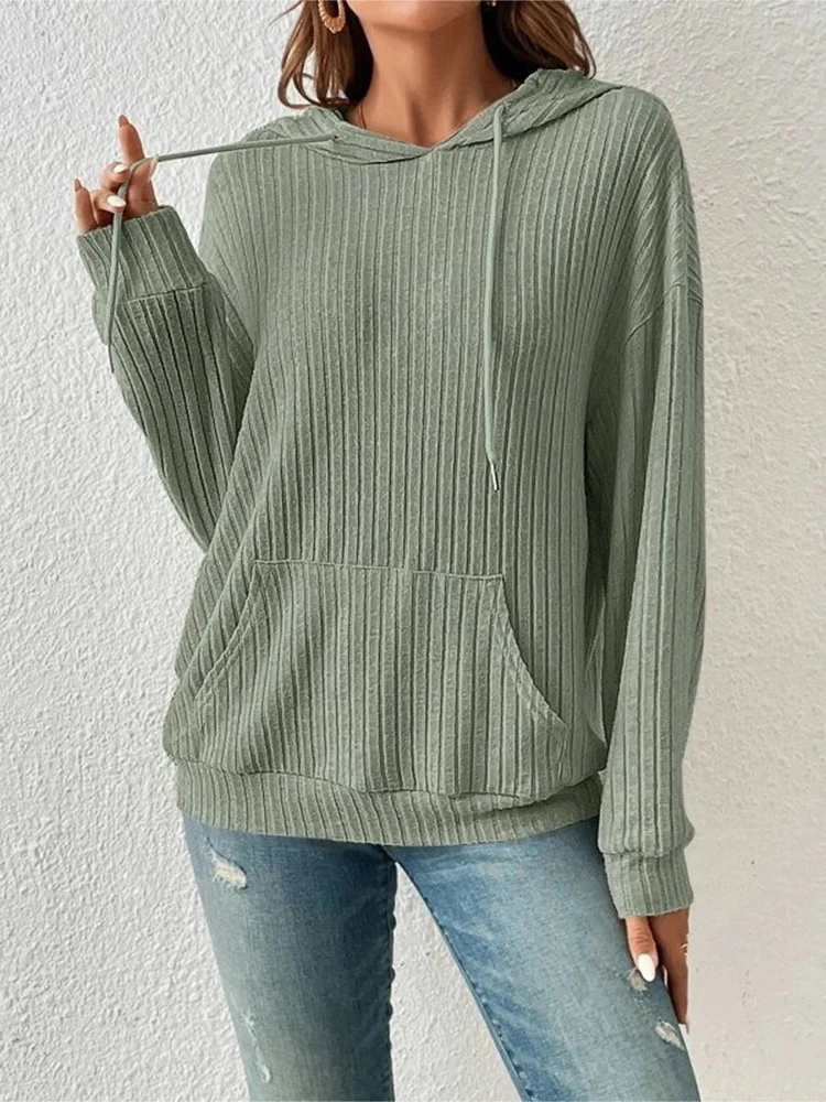 Autumn Women Loose Drawstring Hoodies Warm Long Sleeve Pockets Solid Color Sweatshirts 2024 Female Street Casual Stripe Clothing