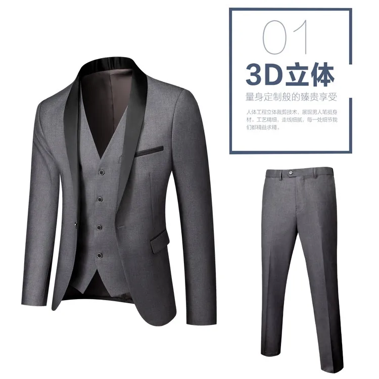 US-Größe Herren Anzug-Set mit Revers und Schwarzem Kragen, 3-teilig: Mantel, Weste, Hose / Business-Bräutigam-Hochzeitsanzug, Formeller Blazer, Hose, Weste – Detail 4