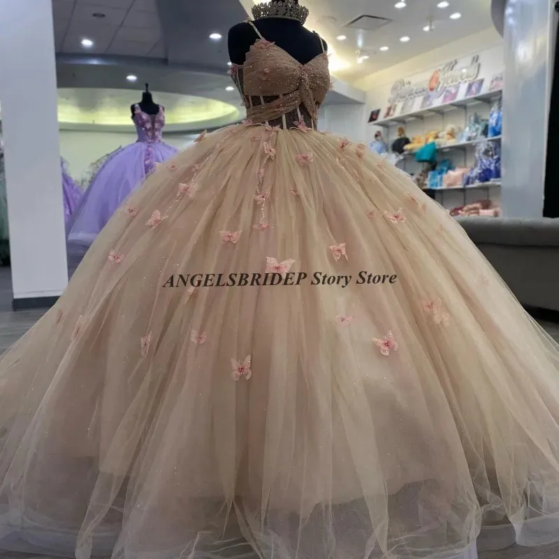 ANGELSBRIDEP шампанское милое 16 Quinceanera платья бальное платье Сексуальное V-образный вырез Спагетти ремень с бантом для 15 лет Мексиканская девушка