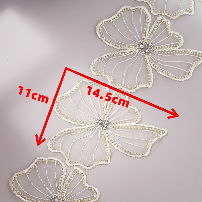 Butterfly Embroidery Lace Trim with Pearl Beading DIY Sewing Applique clothing accessories Textile accessories