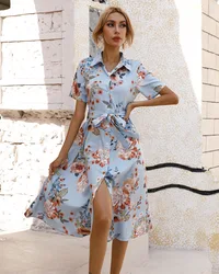 Fashion Floral Print Midi Dress Woman Spring Summer Loose Casual Short Sleeve Turn Down Collar Lace Up Dresses For Women 2023