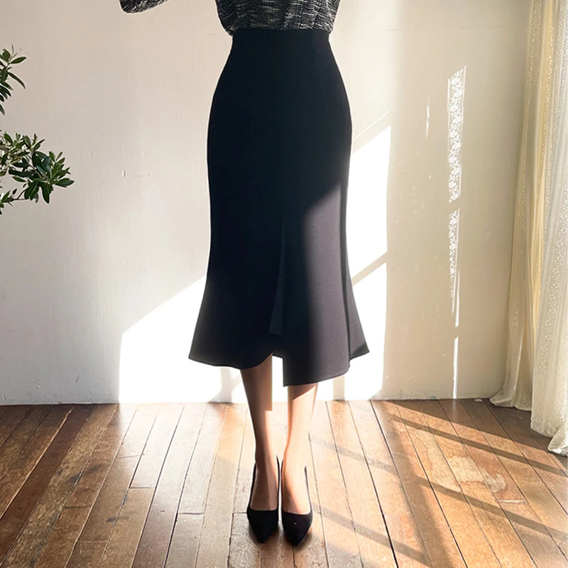 Ladies Elegant Medium Long Split Hem OL  Black Fishtail Skirt Women Clothes Girls Cute Skirts Chic Casual Clothing PyK2360