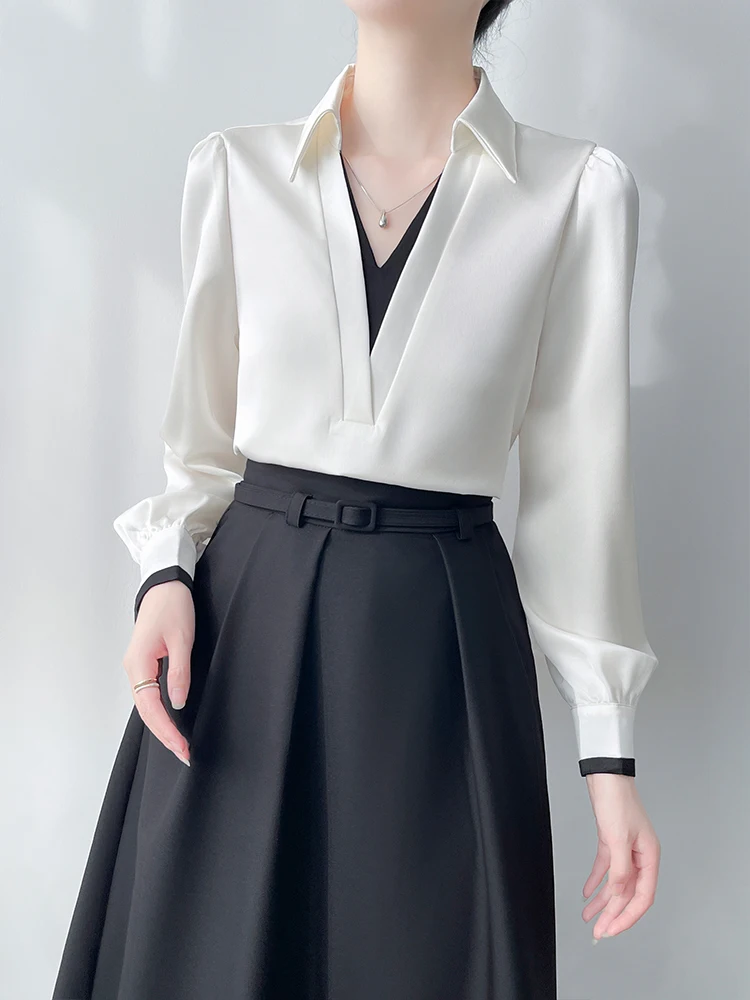 

Commuter Sle Long Sve Bla White Color Blo Silk irt Women's Interview Blouse Soft Light Polyester Fiber V-ne