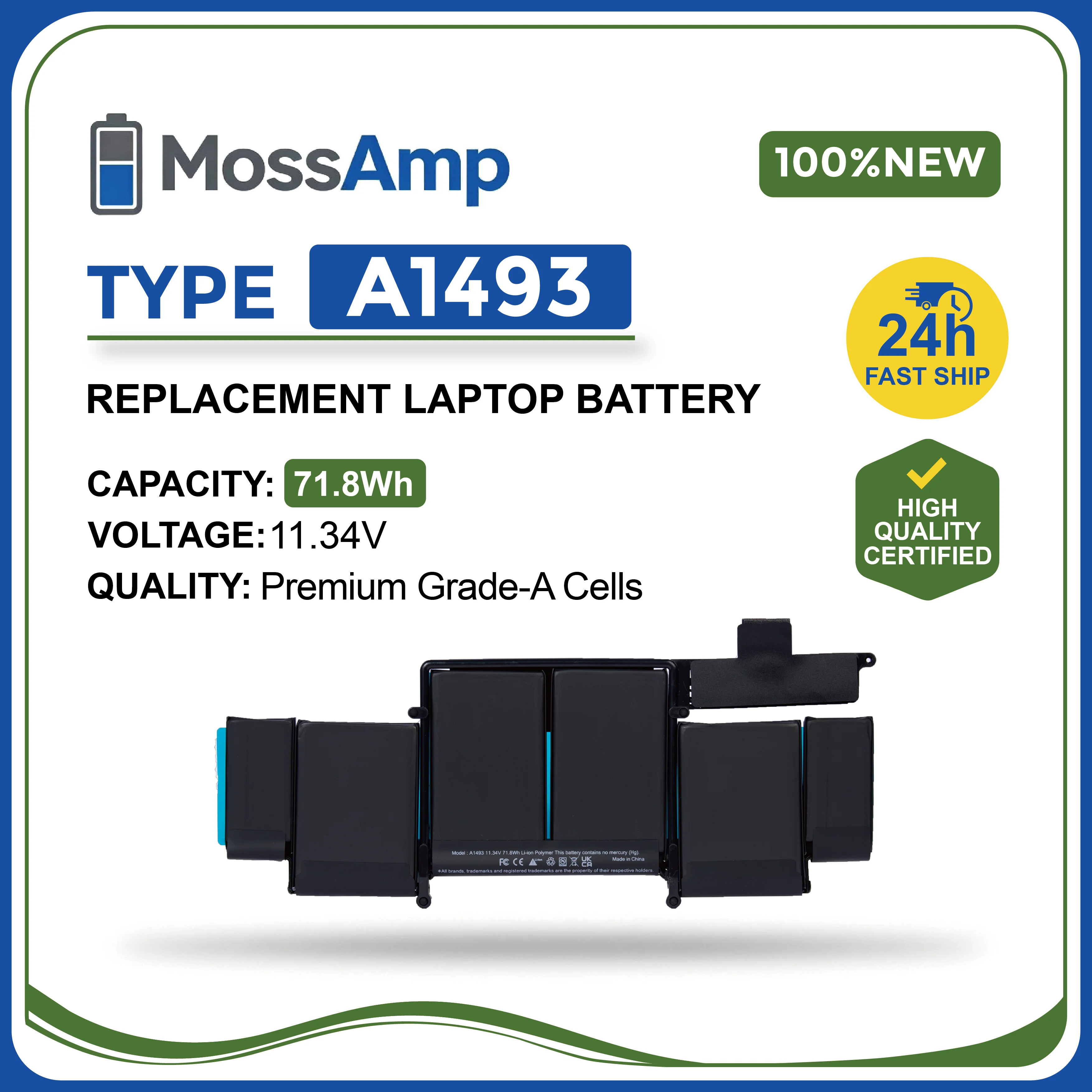Batería para Portátil MossAmp A1493 para MacBook Pro 13" Retina A1502 2013 2014 2015 ME864 ME865 ME866 MGX72 MGX82 MF839 MF840