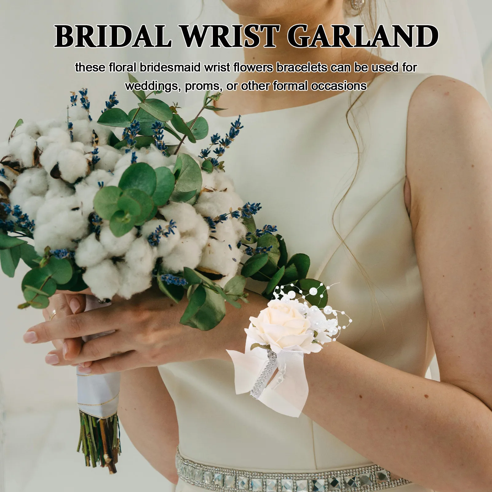 Artificial Bridal Flower Corsage Wristlet for Wedding, Prom, Party – Elegant Beige Wrist Garland Bracelet (2 pcs)