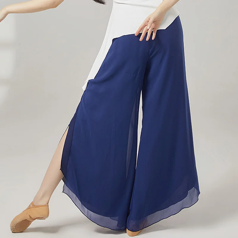 Women’s Chiffon Modern Dance Pant Wide Leg Side Split Belly Dance Costume Soft Breathable Classical Dancewear Double Layers