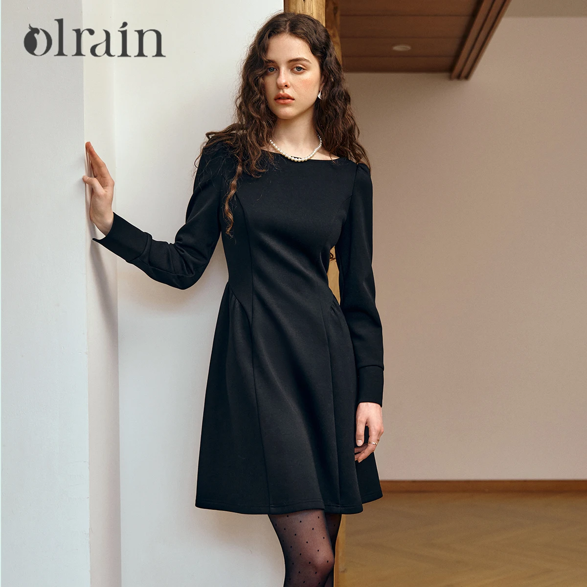 

OLrain Women's Classic Black Dress Autumn 2025 New Slash Neck Collar Slimming Elegant Mid-Length Long Sleeve Dress O57QL000909