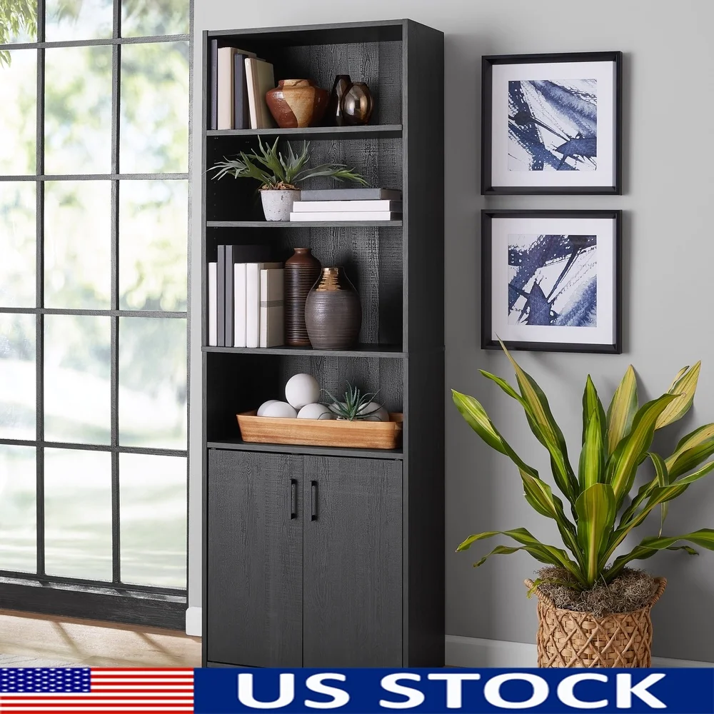 

Traditional 5 Shelf Bookcase with Doors Adjustable Shelves Hidden Storage Modern Black Finish Office Living Room Display