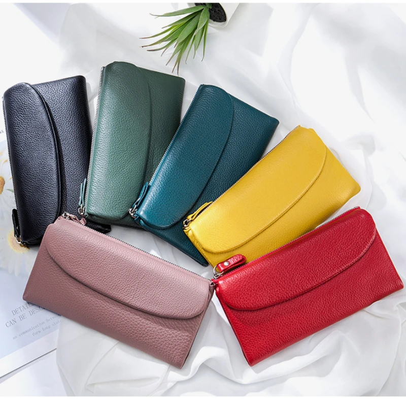 Genuine Leather Long Clutch Wallet Bag Soft Top Cowhide Card Holder Small Coin Purse Key Lipstick Phone Pouch Case For Women