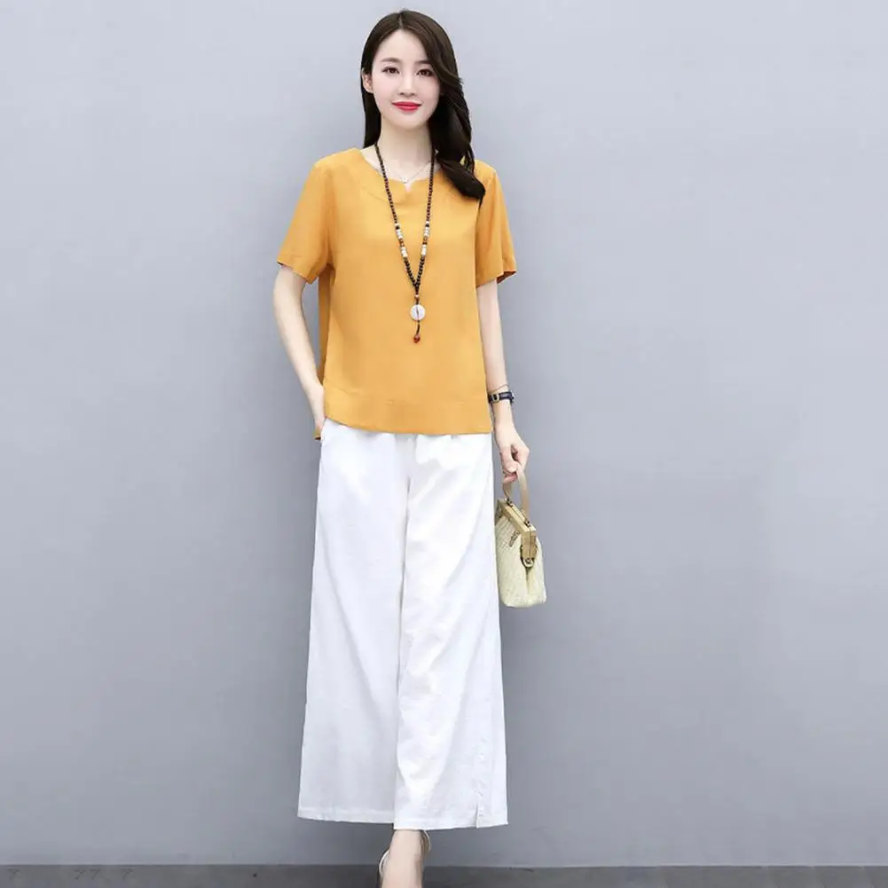 2 Pcs/Set Stylish Women T-shirt Pants Set  Wide Leg Ankle Length Pants Lady Top Pants Set  Deep Crotch Top Trousers Suit