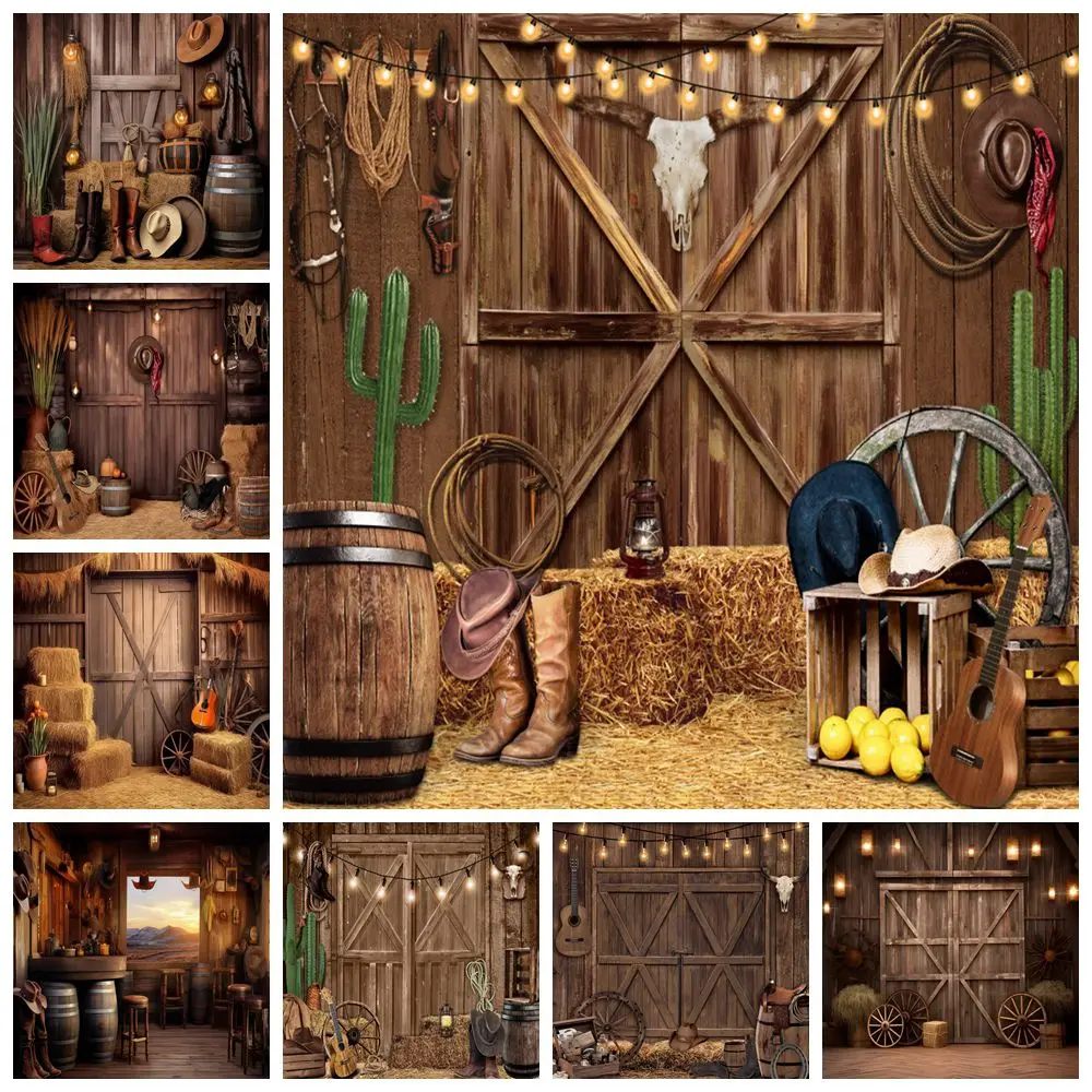 

West Cowboy Backdrop Wood Barn Hat Boots Baby Girl Boy Birthday Party Photography Background Decor Photostudio Photoshoot Props