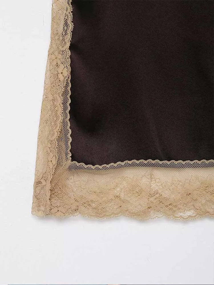 European and American style winter new fashion women's clothing casual versatile simple sleeveless silk satin lace top and skirt