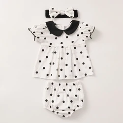 New summer baby clothing, polka dot short sleeved 100% off top+bread pants+headband, 3-piece set for 0-2 year old girls