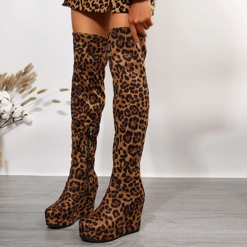 

2023 Hot Sale Shoes Female Side Zipper Women's Boots Autumn Leopard Print Round Toe Long Tube Platform Wedge Fashion Boots