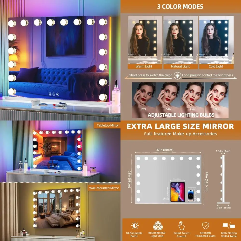 

LED Makeup Mirror with 32''x23'' RGB Backlight, 18 Dimmable Bulbs, 3 Color Modes Lighted Vanity Mirror for Enhanced Makeup Appli