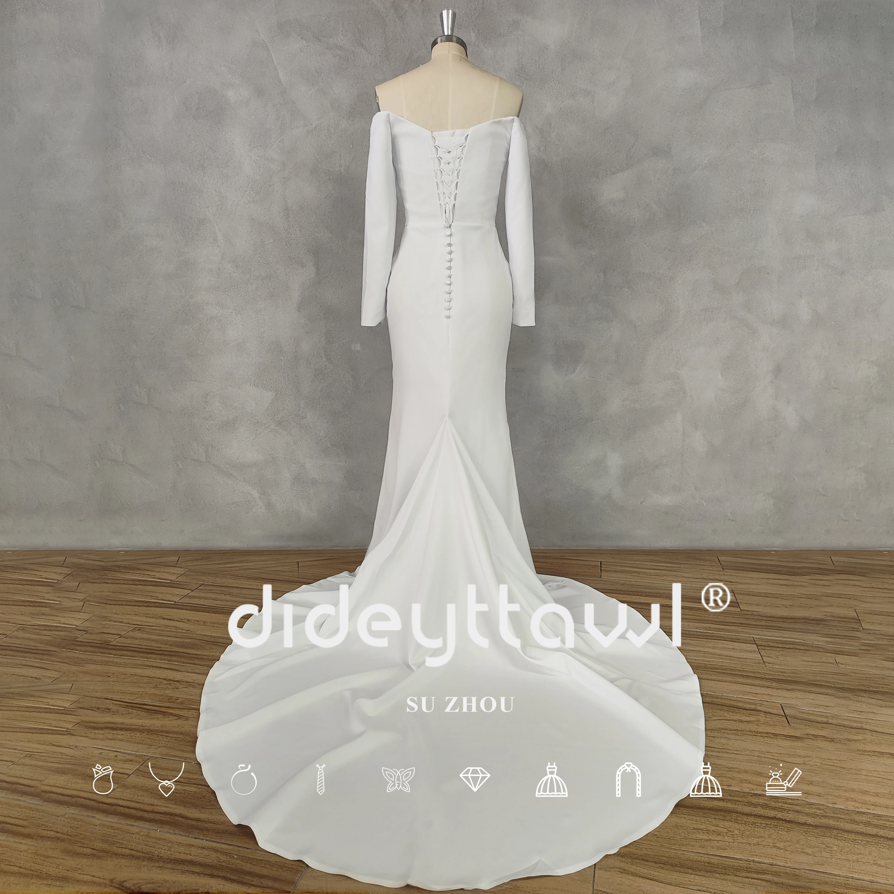 DIDEYTTAWL Real Picture Simple Off-Shoulder Long Sleeveless Crepe Mermaid Wedding Dress Lace Up Back Court Train Bridal Gown