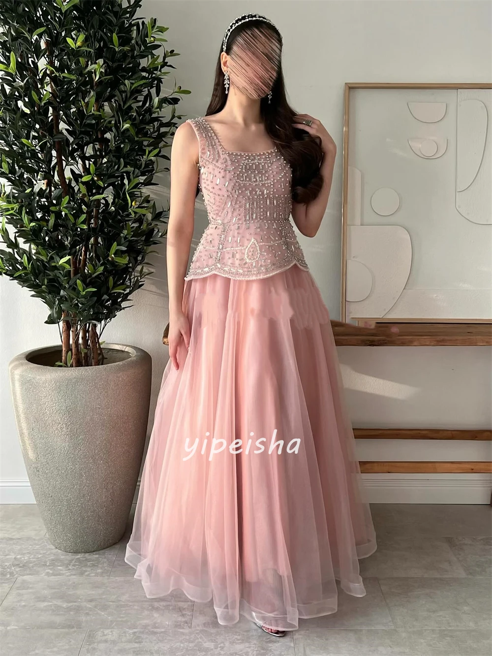 Maßgeschneiderte elegante Mode Tüll Strass Perlen A-Linie schulterfreie lange Kleider maßgeschneiderte Anlasskleider passend zu sexy