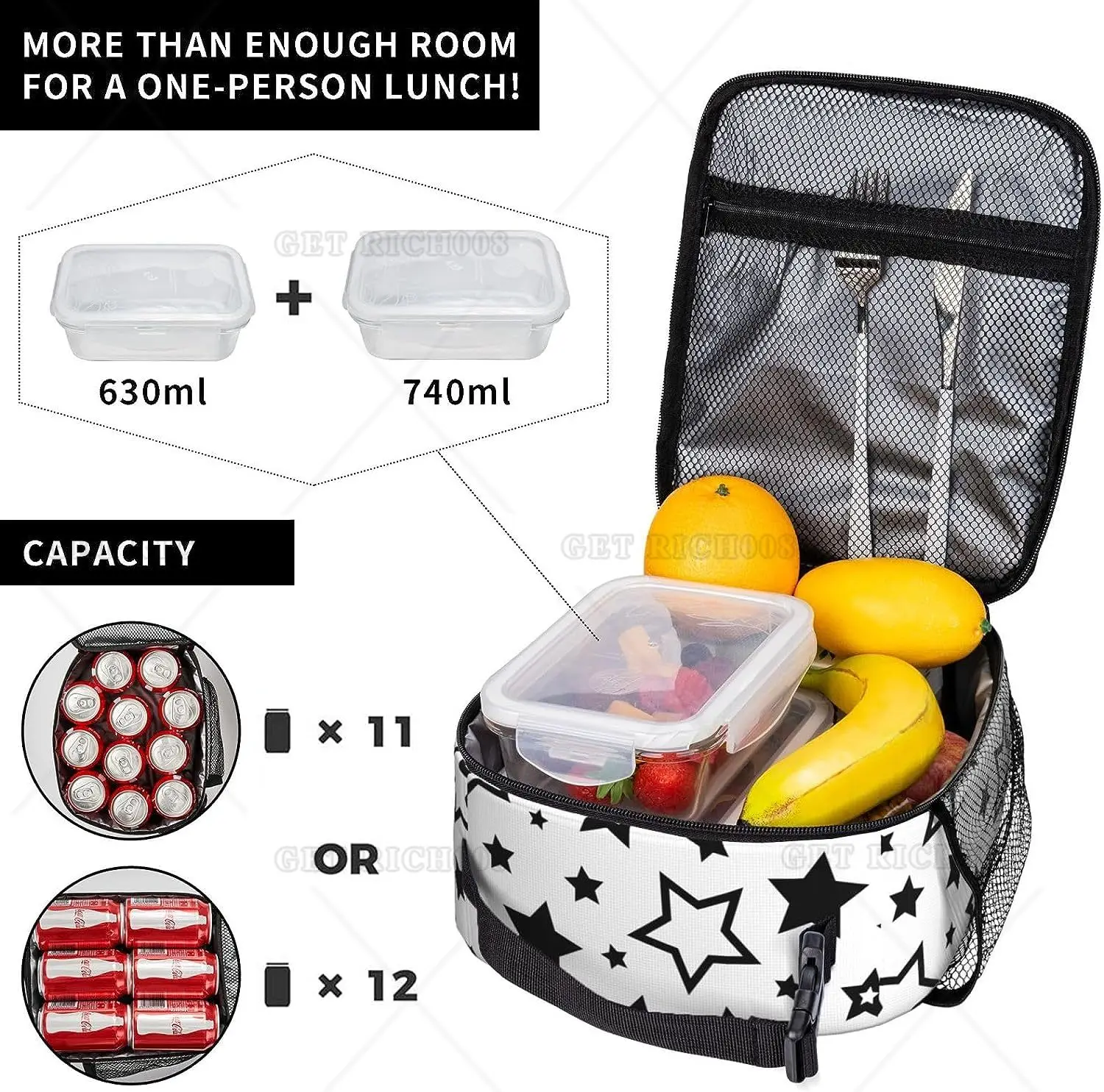 Black Stars In White Portable Lunch Bag Insulated Lunch Box Reusable Totes for Women Men Work Picnic Camping One Size