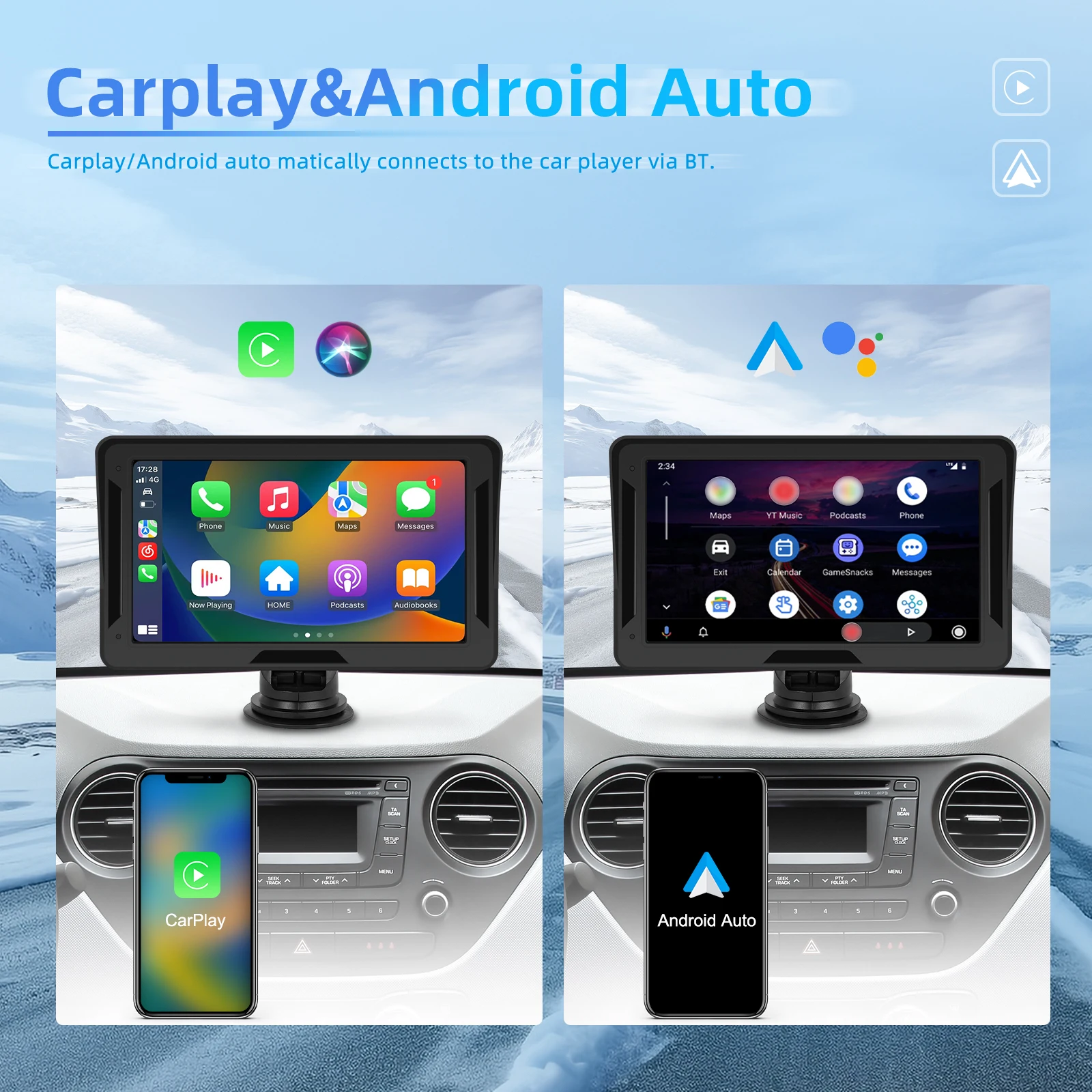 Podofo MP5 Portable Smart Player 7inch Wireless Carplay Android auto Monitor Support BT Music EQ FM AUX Player