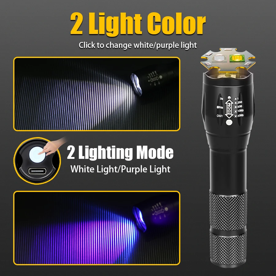 Lanterna recarregável usb c2 com fontes de luz duplas luz branca 395nm luz ultravioleta acampamento ao ar livre lanterna tocha de pesca