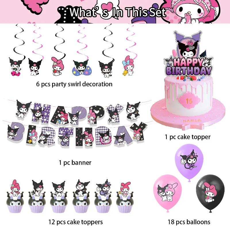 Kuromi dekoracja urodzinowa Sanrio dekoracja ciasta urodzinowy Toppers baner Kuromi balony ozdoby do dekorowania tortu