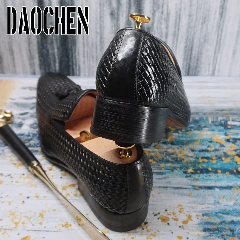 Elegant Men\'s Loafers Shoes Slip On Casual Dress Pointed Toe Shoes Black Office Business Wedding Real Leather For Shoes