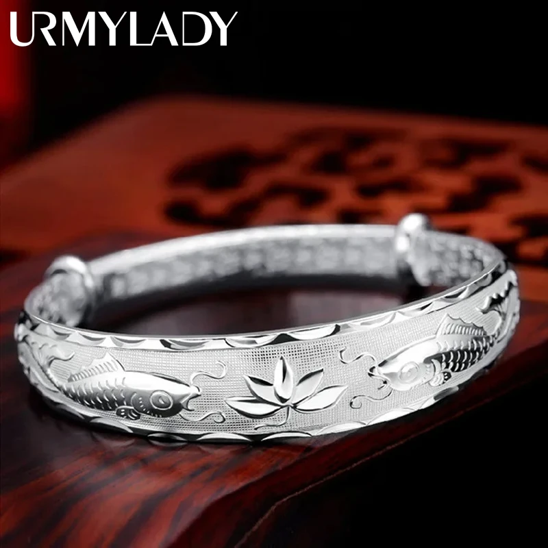 

Luxury 925 Sterling Silver Pisces play lotus bracelets Bangles for women fashion party wedding designer jewelry Holiday gifts