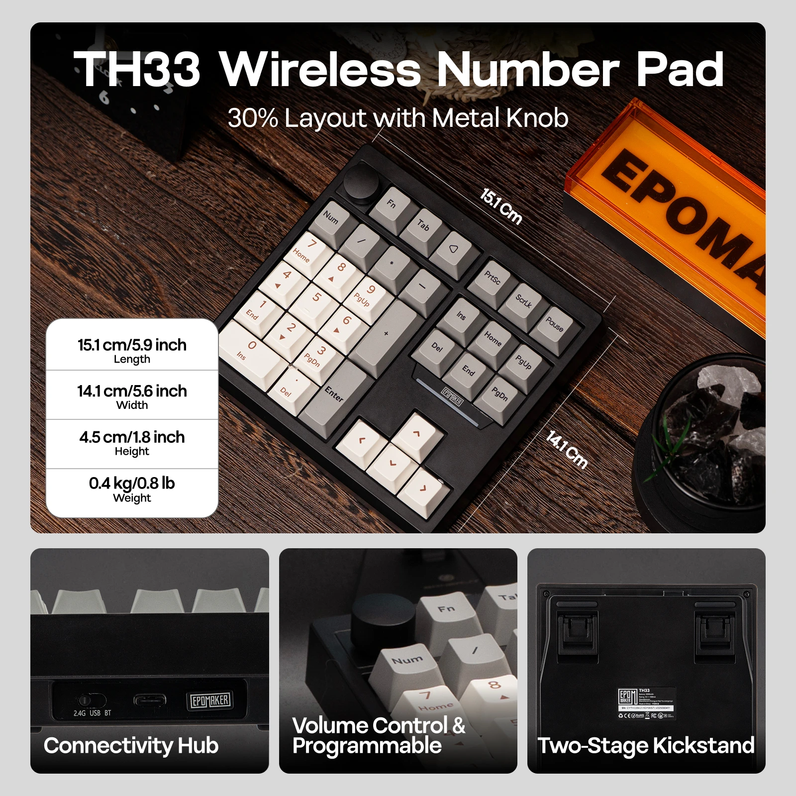 EPOMAKER TH33 30% Gasket Hot-Swap Wired/Bluetooth/2.4G Wireless Mechanical Number Pad with 2000mAh Battery & RGB Backlight