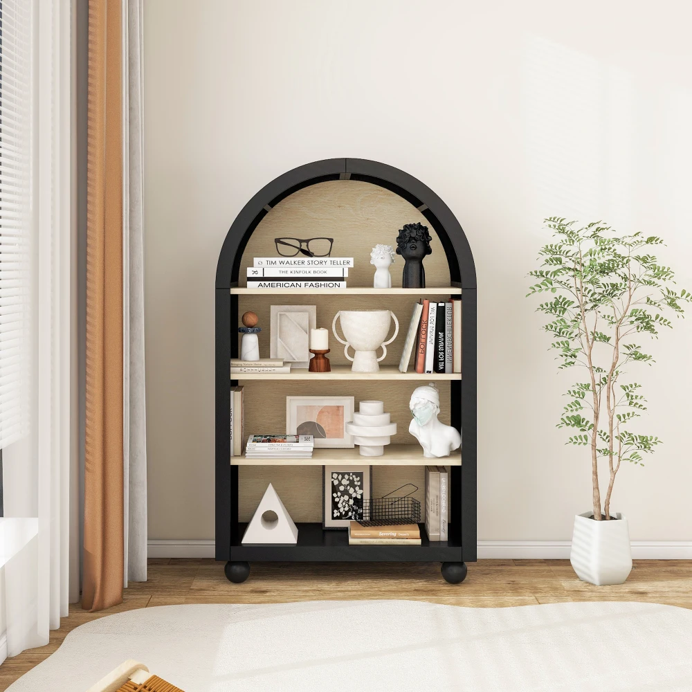 Modern Ached Bookshelf 4-Layer Bookcase Arched Display Cabinet Storage Shelves for Living Room Bed Room Study Bedroom Hallway