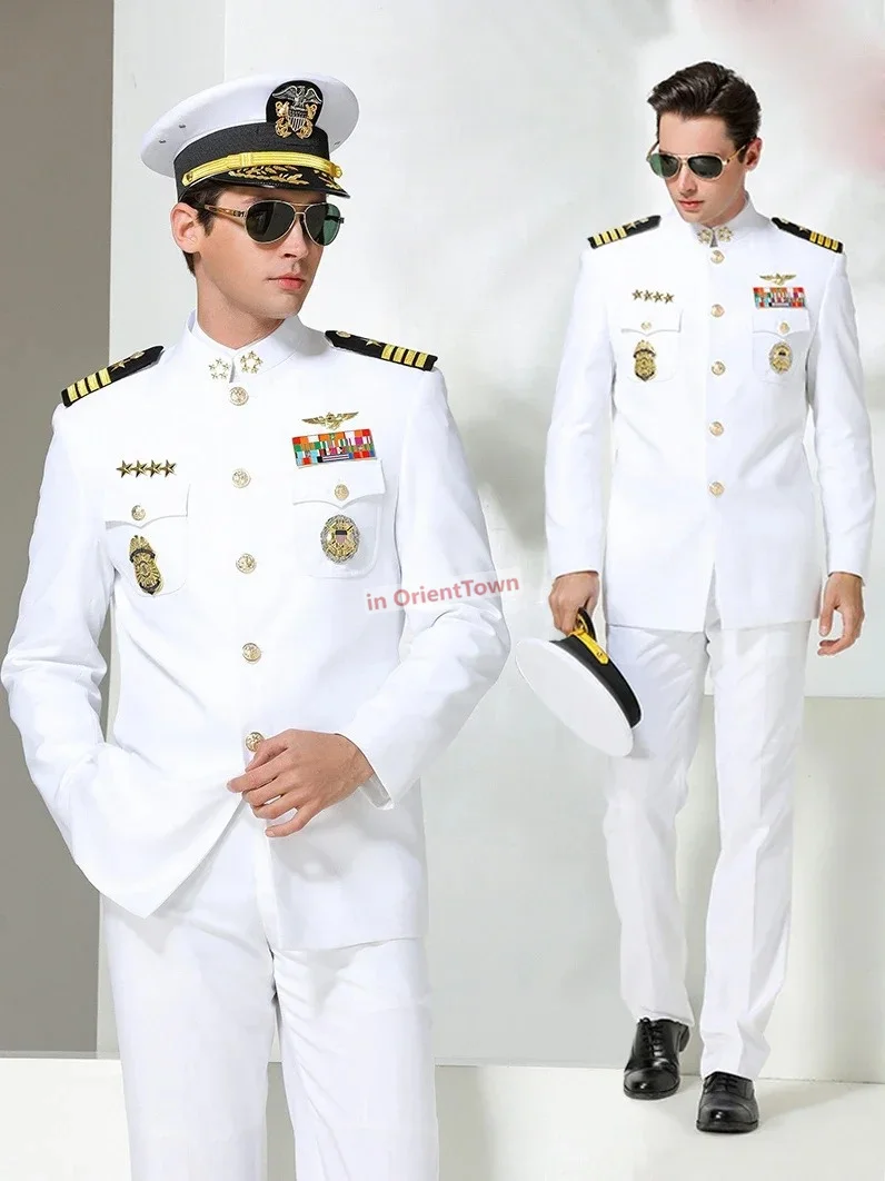 America White Sailor Uniform Set Men Wedding Annual Meeting Evening Hat Coat Pants and Accessories Navy Guard Security Work Wear