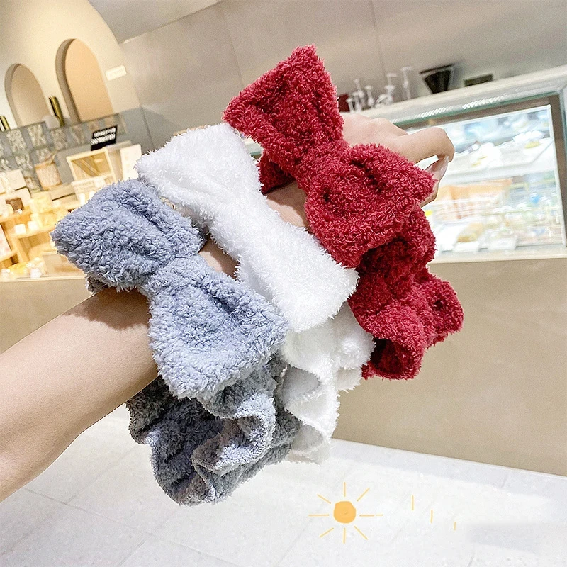 Women Coral Fleece Elastic Hair BandsSoft Wash Face Hairbands Bow Headband Hair Accessories Girls Sweet Cute Headwear Ornaments