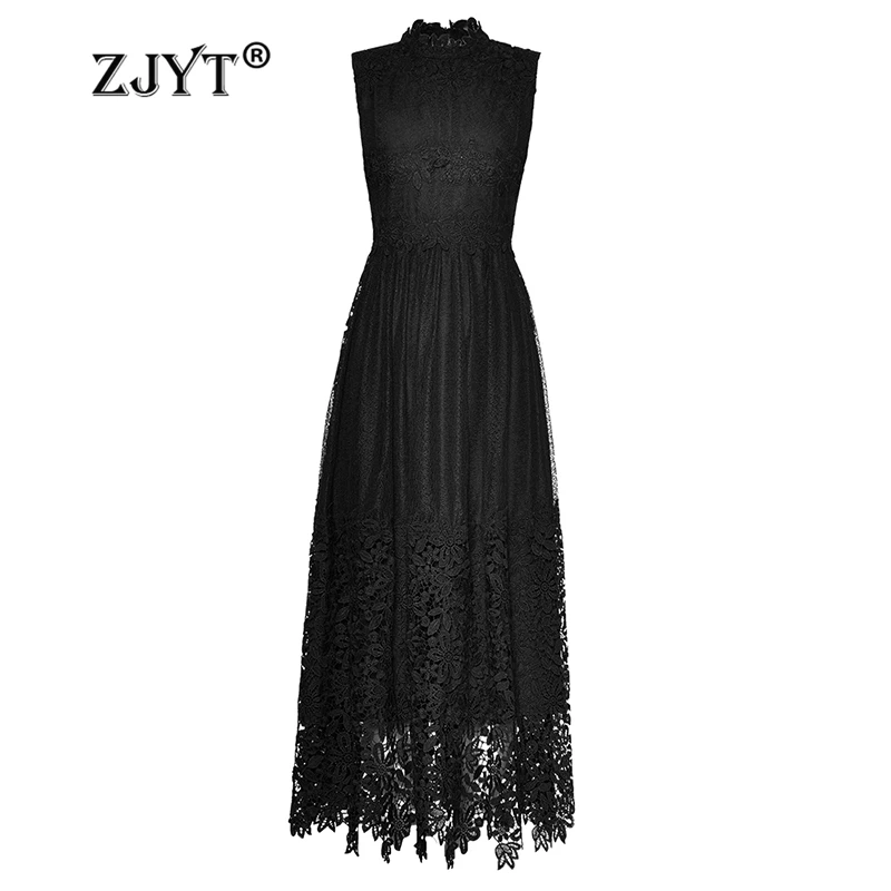 

ZJYT Summer Long Party Dresses for Women Sleeveless Embroidery Lace Dress Black Elegant Runway Designer Sexy Evening Gown Robes