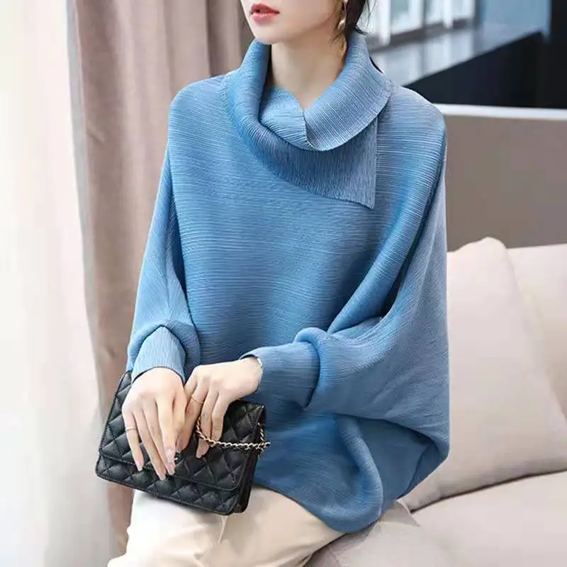 High Collar Underlay Bat Sleeve Top 2021 Autumn New Relaxed Shirt Waist Wrap  tops mujer  blusas femininas